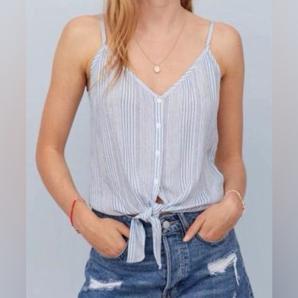 H&M Blue & White Striped Tie-Front Button Tank Top